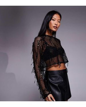 Jaded Rose Petite Open Knit Tassel Sequin Cropped Top - Black