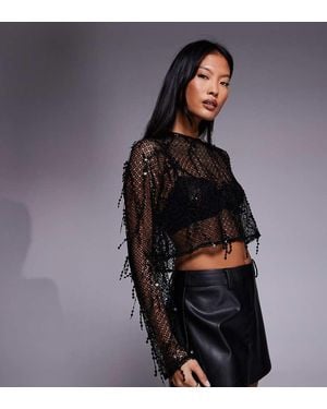 Jaded Rose Petite Open Knit Tassel Sequin Cropped Top - Black