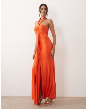 TFNC London Halterneck Trim Detail Ruched Maxi Dress - Red