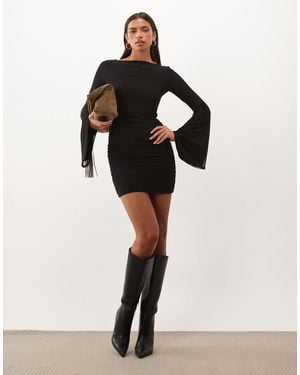 ASOS Mesh Waterfall Sleeve Ruched Mini Dress - Black