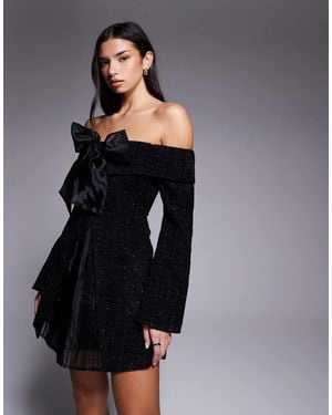 ASOS Boucle Bardot Mini Dress With Pleated Skirt And Bow - Black