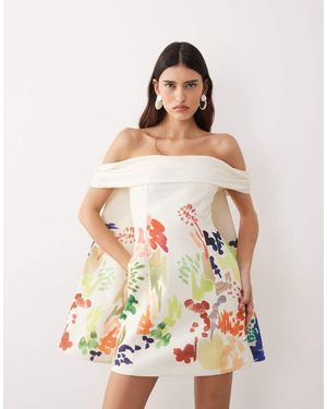 ARRANGE Bardot Mini Dress With Cape Detail - White
