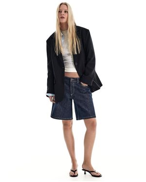 Bershka Striped Double-breasted Blazer - Blue