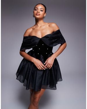 ASOS Off The Shoulder Pearl Embellished Velvet Mini Dress With Organza - Black