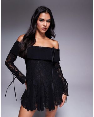 Murci Exclusive Lace Bardot Fit And Flare Godet Detail Mini Dress - Black