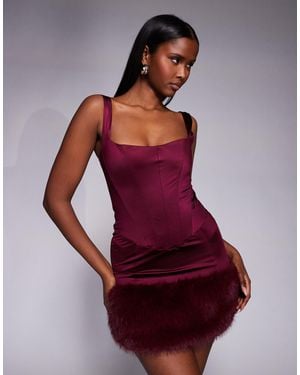 Oh Polly Satin Square Neck Corset Faux Fur Trim Mini Dress - Red