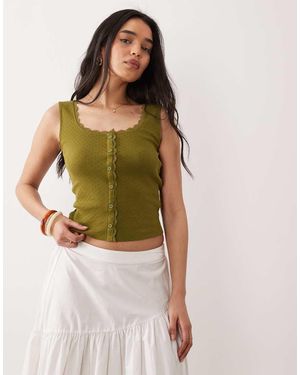Miss Selfridge Pointelle Button Up Tank Top With Lace Trim - Green