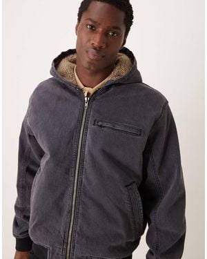 Abercrombie & Fitch Workwear Sherpa Lined Address Back Hooded Denim Bomber - Grey