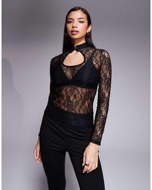 ASOS Lace Mandarin Long Sleeve Top With Collar - Black