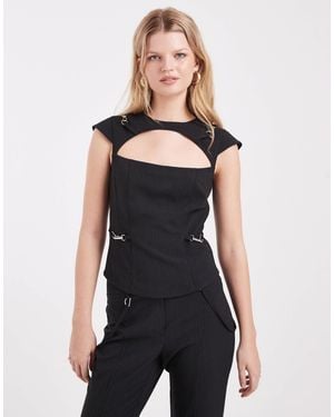 Collusion Tailored Pinstriped Buckle Top - Black