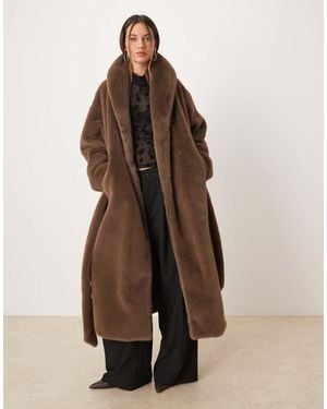 Gina Tricot Faux Fur Belted Long Coat - Brown