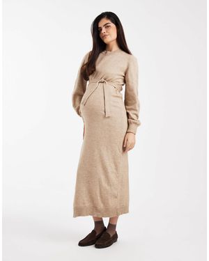 Mama.licious Mamalicious Maternity Knitted Belted Blouson Sleeve Maxi Dress - Natural