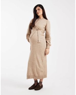 Mama.licious Mamalicious Maternity Knitted Belted Blouson Sleeve Maxi Dress - Natural