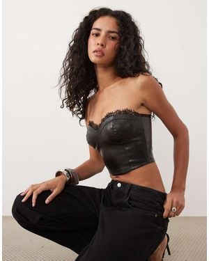 Miss Selfridge Faux Leather Bandeau Top With Lace Trim - Black