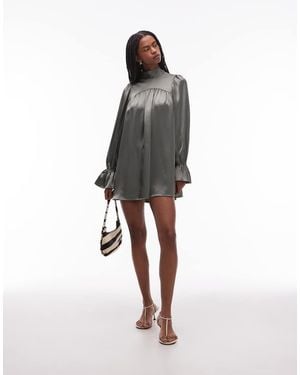 ASOS Hoogsluitende Satijnen Mini-Jurk Met Blousonmouwen - Meerkleurig