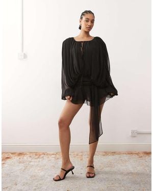 Lioness Elements Petite Chiffon Drape Detail Balloon Sleeve Tie Waist Mini Dress - Black