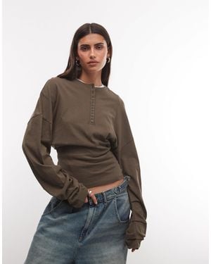 Weekday Henley Long Sleeve Top With Cinched Waist - Brown