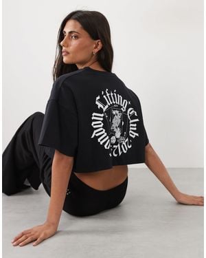 4505 Schweres baumwoll-cropped-t-shirt mit rückenprint - Schwarz