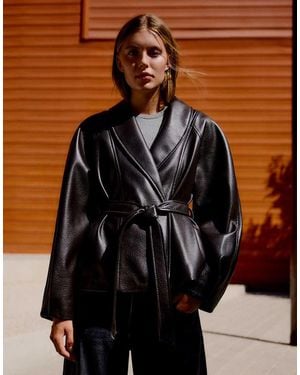 Bershka Giacca Kimono Effetto Pelle Con Cintura - Nero