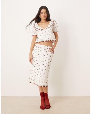 For Love & Lemons Gonna Midi Bianca E Rossa Con Perline E Ciliegie - Neutro