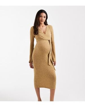 Mama.licious Mamalicious Maternity Ribbed Knitted Nursing Friendly Wrap Front Midi Dress - Natural