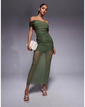 Kaiia Exclusive Double Layered Slinky Off Shoulder Sheer Mesh Hem Maxi Dress - Green