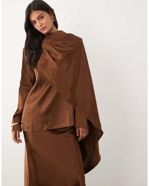 JW PEI Exclusive Satin Asymmetric Draped Cape Detail High Neck Top Co-ord - Brown