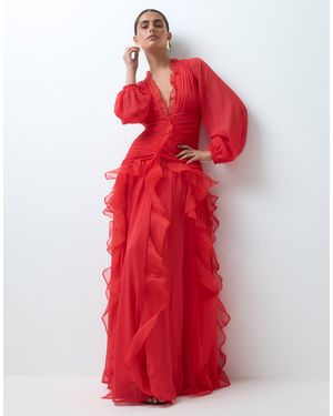 ASOS Ruched Long Sleeve Maxi Dress With Waterfall Detail - Red