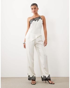 The Frolic Satin Lace Trim Wide Leg Pants - White