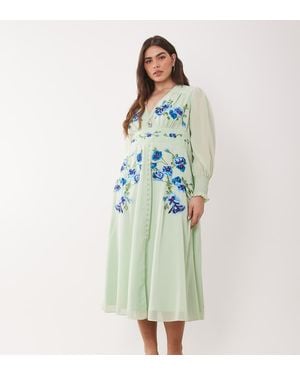 Hope & Ivy Plus Embroidered Wrap Front Sheer Sleeve Midi Dress - Green