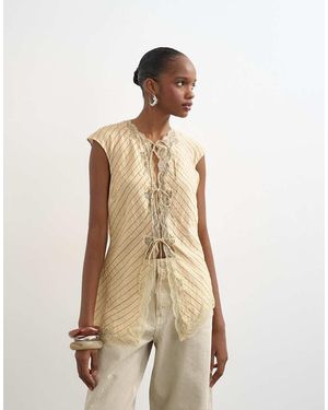 TOPSHOP Asymmetrische Gestreepte Top Met Kapmouwtjes En Gestrikte Voorkant - Naturel