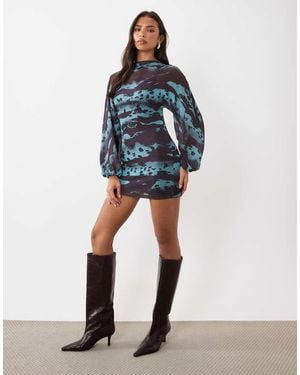 ASOS Mesh Smudge Print Mini Dress - Blue