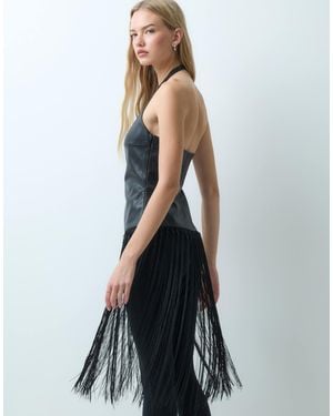 Mango Faux Leather Tassle Halterneck Top - Blue
