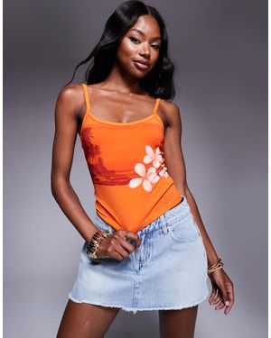 Princess Polly Cotton Hawaiian Beach Floral Cami Top - Orange