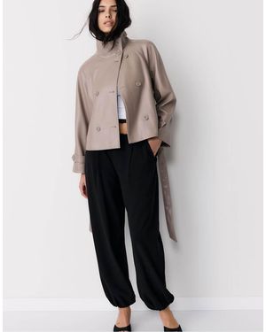 Stradivarius High Neck Leather Effect Trench Coat - Natural