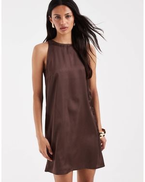 Pieces Racer Neck Satin Mini Dress - Brown