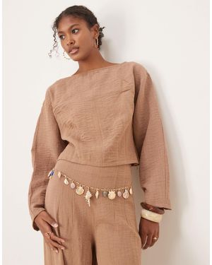 ASOS Cinched Waist Long Sleeve Top With Tie Back - Natural