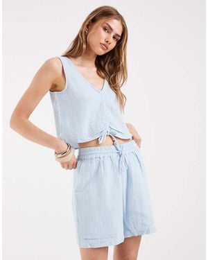 Pieces Pantalones Cortos Azul Pálido De Talle Alto De Algodón Rugoso (Parte De Un Conjunto)
