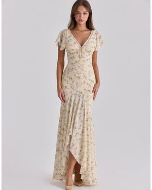 House Of Cb Amina Ivory Vintage Rose Print Georgette Maxi Tea Dress - Natural
