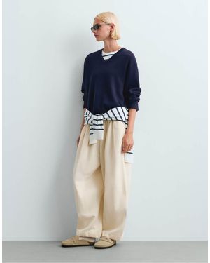 Oysho Cotton-Blend V-Neck Jumper - Blue