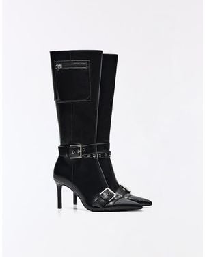 Bershka Heeled Boots With Buckle Detail - Black