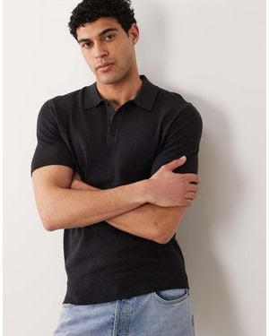 Mango Knitted Button Down Short Sleeve Polo Shirt - Black