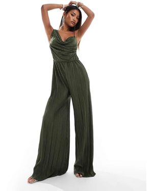 ASOS Tuta Jumpsuit Kaki Plissé Drappeggiata Asimmetrica Con Spalline Sottili - Verde