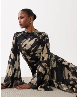 ASOS Long Sleeve High Neck Maxi Dress With Ruffle Godets And Flute Sleeves - Black