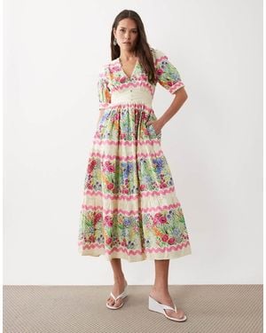 Hope & Ivy Cotton V-neck Puff Sleeve Smock Midi Dress - White