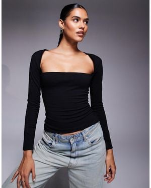 Fashionkilla Exclusive Cotton Wide Square Neck Long Sleeve Top - Black