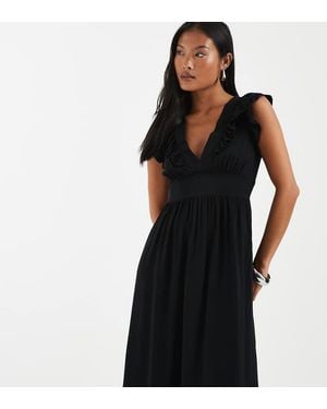 Vero Moda Easy Joy Ruffle Shoulder Plunge Front Midi Dress - Black