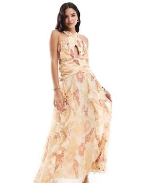 Pretty Lavish Cross Over Ruched Ruffle Maxi Dress - Natural