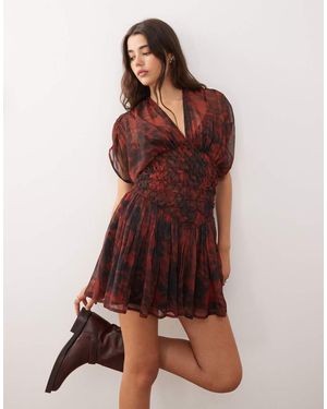 Reclaimed Vintage Mini Dress With Cape Sleeves And Shirred Waist - Brown