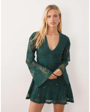 ASOS Embellished Crochet Plunge Mini Dress With Long Sleeves - Green
